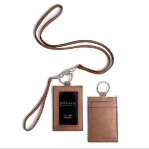 Burano Leather ID Badge Card Holder Lanyard 3 piece set Mocha Brown New